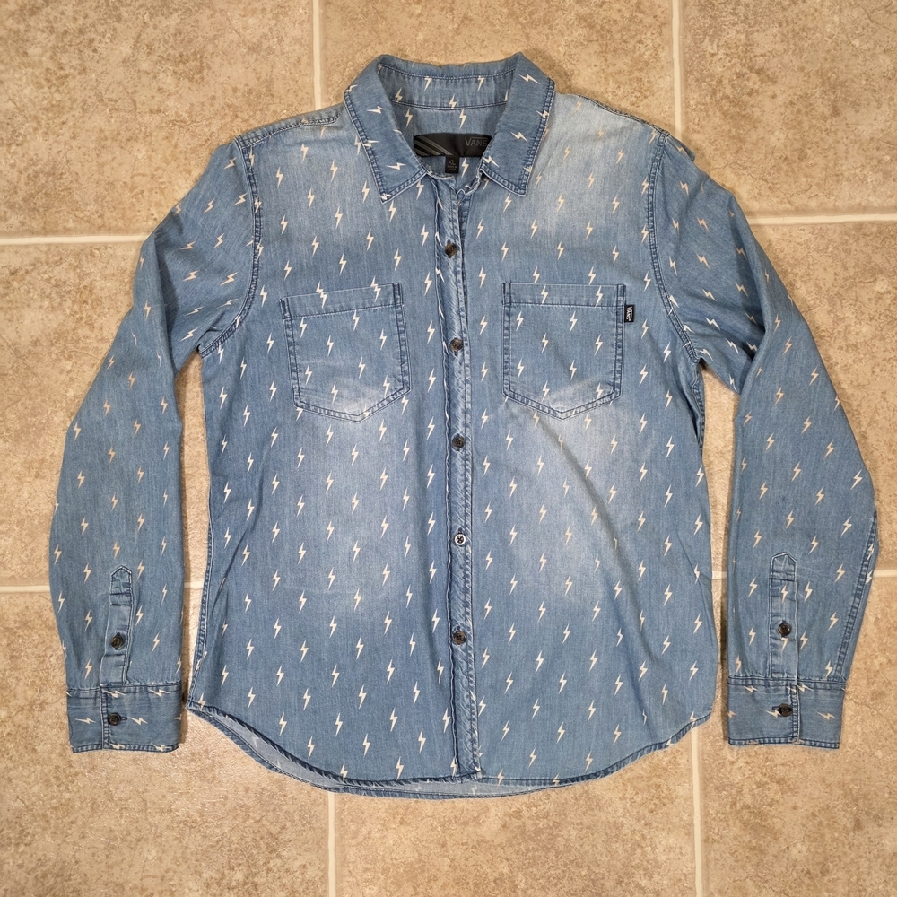 Vans Light Blue Denim Button-Up Shirt with White Lightning Print - Picture 11 of 11